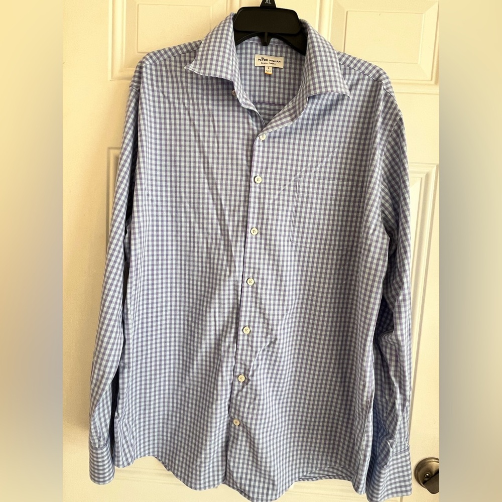 Peter Millar Summer Comfort Men’s L Blue Pink Plaid Button Down Up Sleeve Shirt